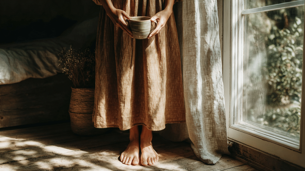 Barefoot person in a rustic dress holding a mug by a sunlit window, embracing a peaceful morning vibe.