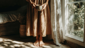 Barefoot person in a rustic dress holding a mug by a sunlit window, embracing a peaceful morning vibe.