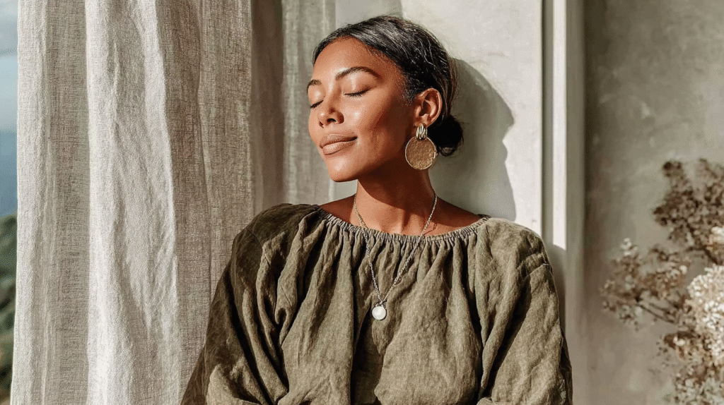 Woman enjoys sunlight indoors, wearing large earrings and green top, embracing peaceful moments by the curtain.