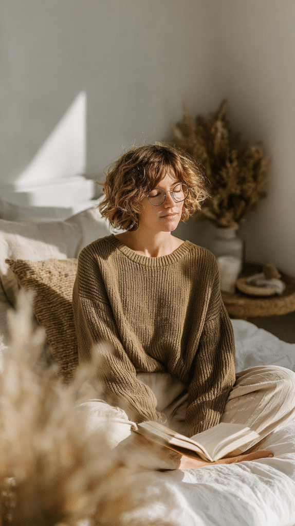 Cozy moment: Person in a sweater with glasses meditates on bed, enjoying sunlight and relaxation in a serene room.
