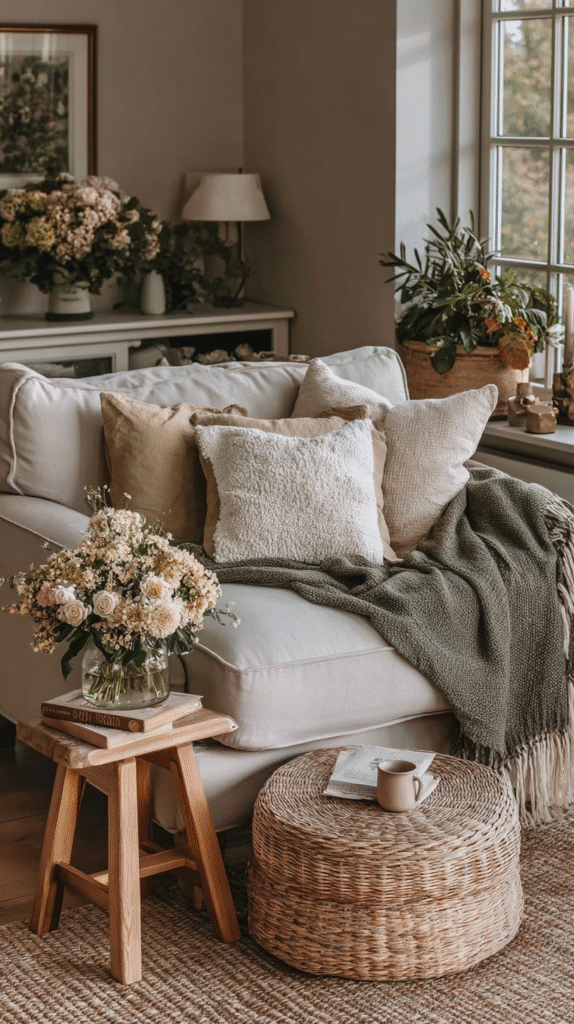 Cozy living room with neutral sofa, plush pillows, knit throw, and plants by a sunlit window.