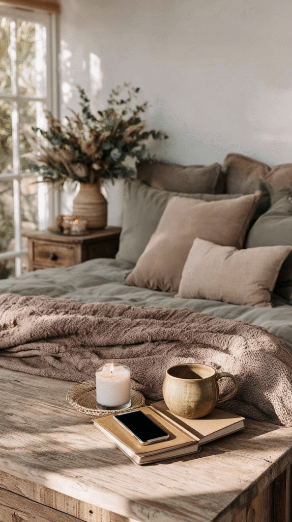 Cozy bedroom scene with pillows, knit blanket, lit candle, mug, and phone on wooden table. Warm and inviting atmosphere.