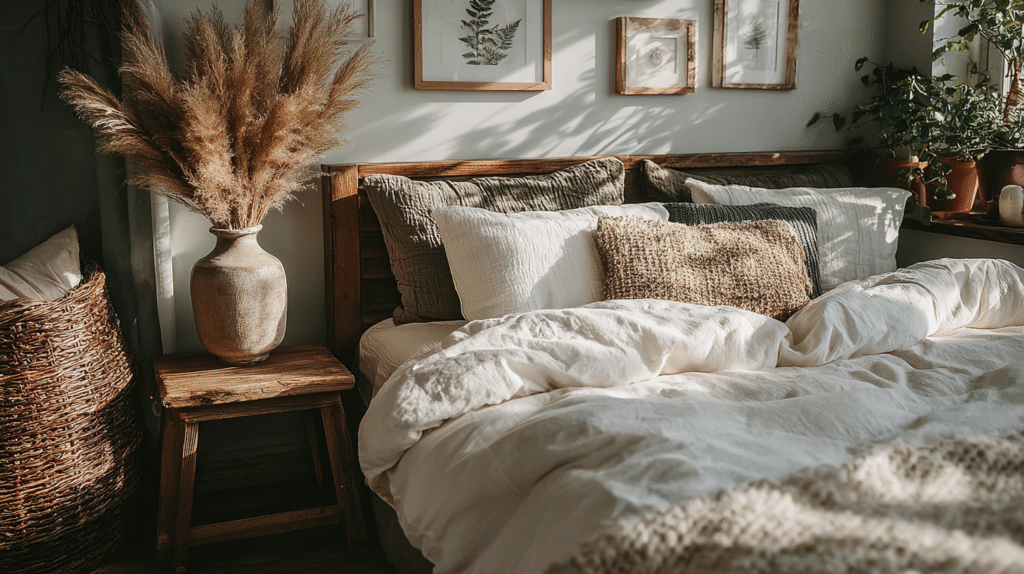 Cozy bedroom with rustic wooden bed, decorative pillows, pampas grass vase, and framed botanical prints on the wall.