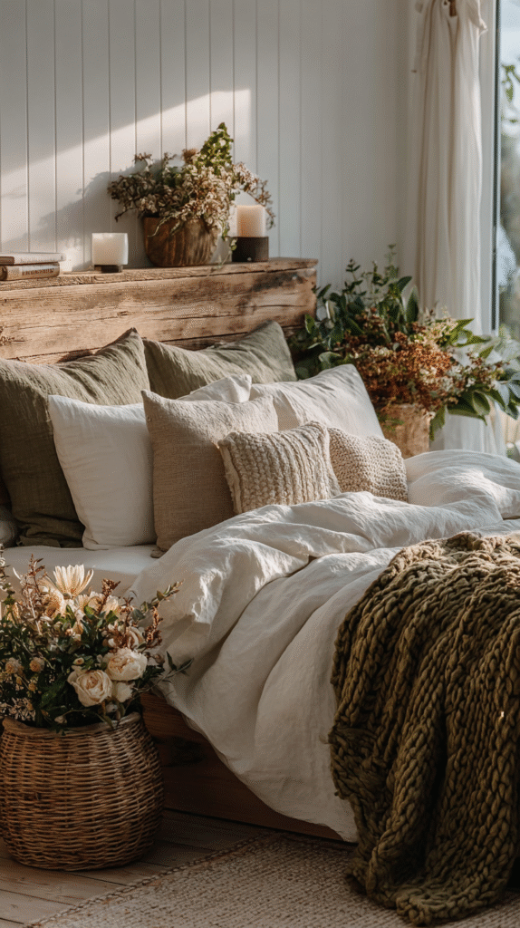 Cozy bedroom with rustic wooden headboard, lush pillows, woven basket with flowers, and a chunky knit blanket.
