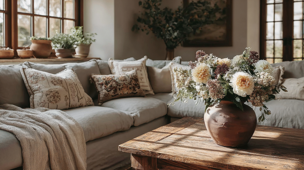 Cozy living room with rustic decor, floral arrangement on wooden table, and plush cushions on a grey sofa.