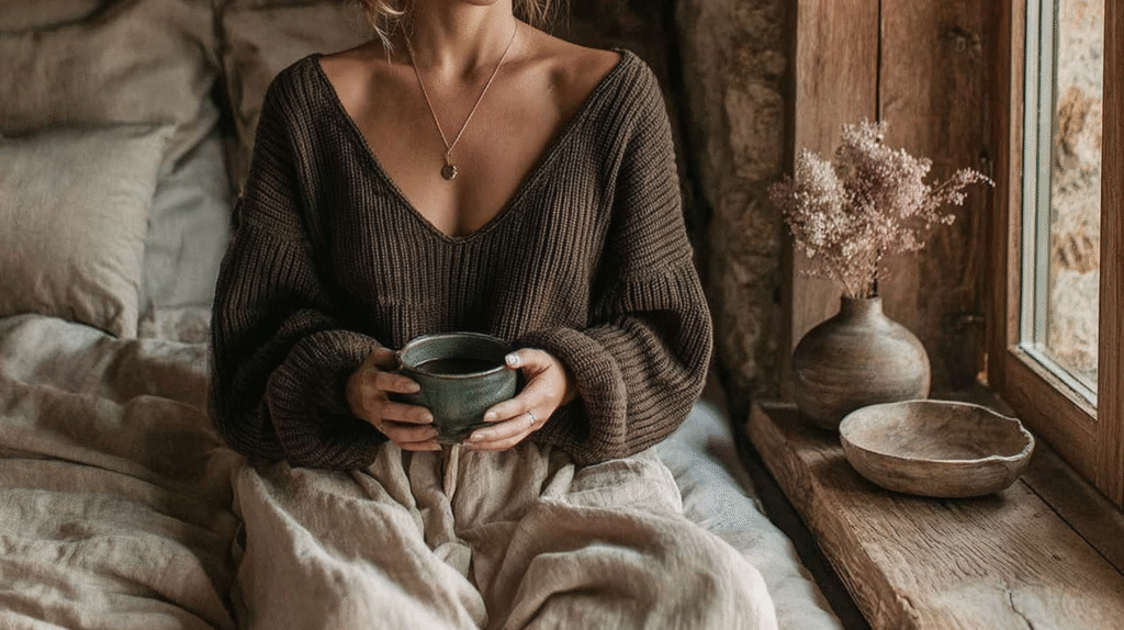 Cozy morning scene: person in brown sweater holds a cup of coffee by a window with rustic decor. Warm, tranquil ambiance.