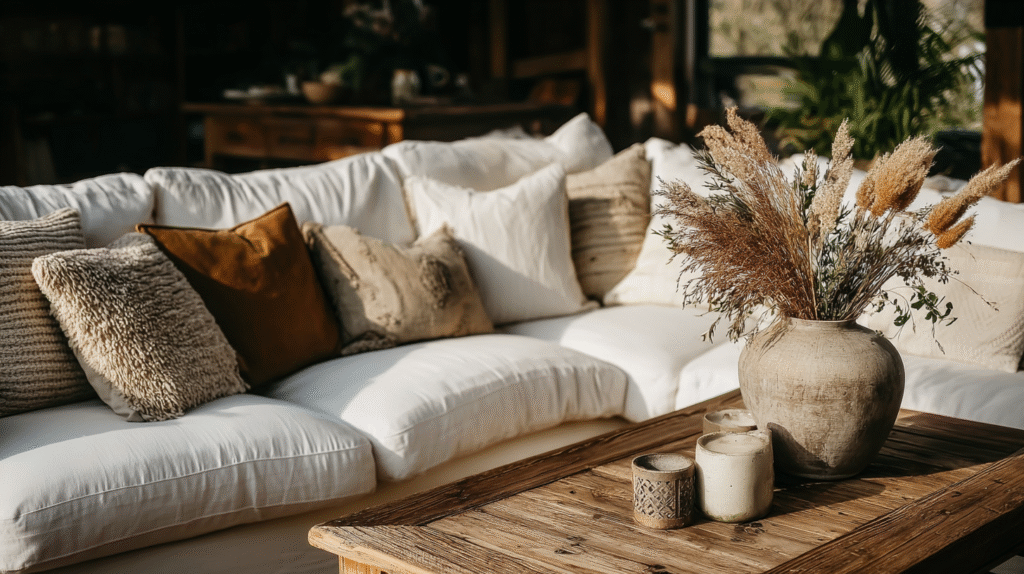 Cozy white sofa with earthy pillows and rustic dried flower arrangement on wooden table in sunlit living room.