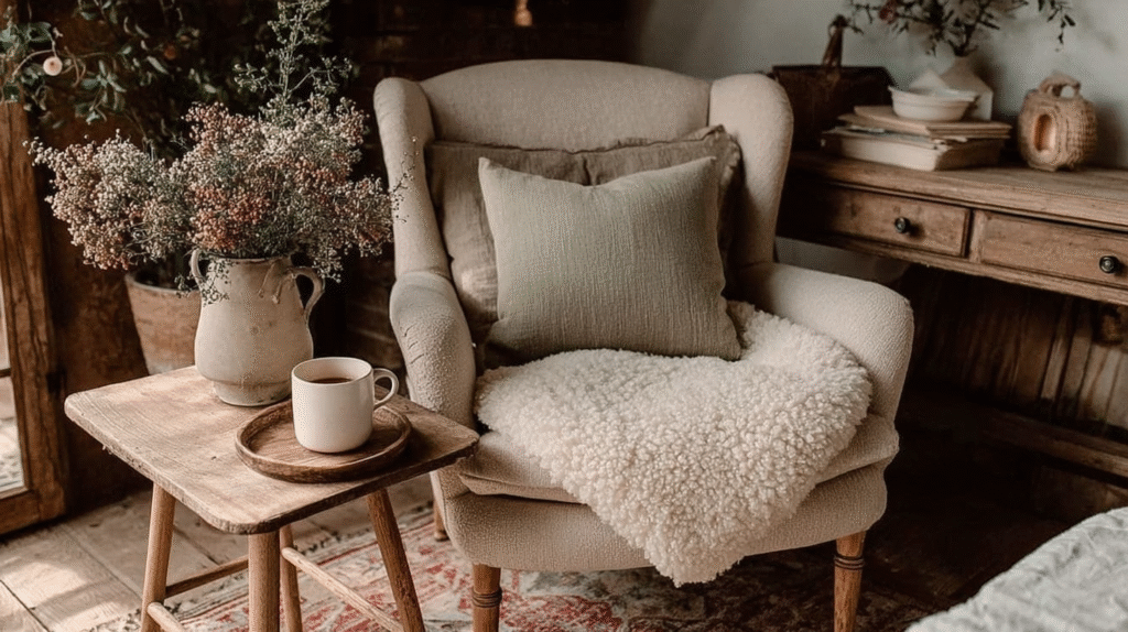 Cozy armchair with pillows and throw, beside a rustic table with flowers and a mug in a warm, inviting room.