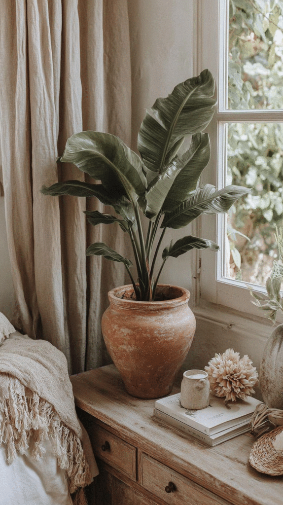 slow-living-home-swaps2-plants Interior with large potted plant on wooden dresser by window, styled with cozy textiles and decor.