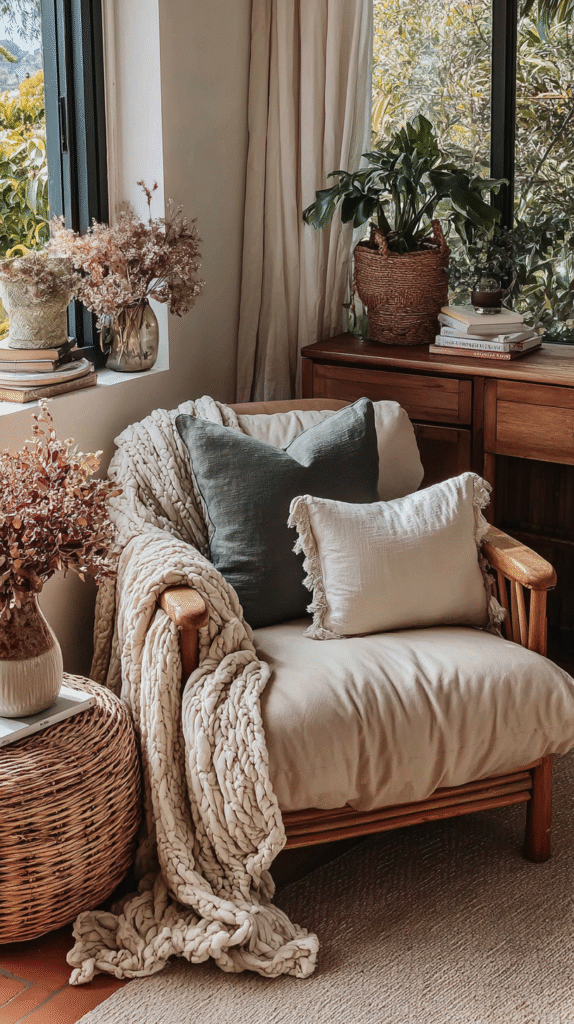 slow-living-home-swaps2-textiles Cozy chair with pillows and blanket in sunlit corner, surrounded by plants and wooden furniture, perfect for relaxation.