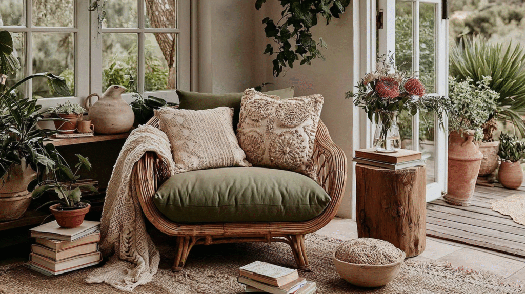 Cozy wicker chair with green cushions, surrounded by plants and books, in bright, serene room with open doors.