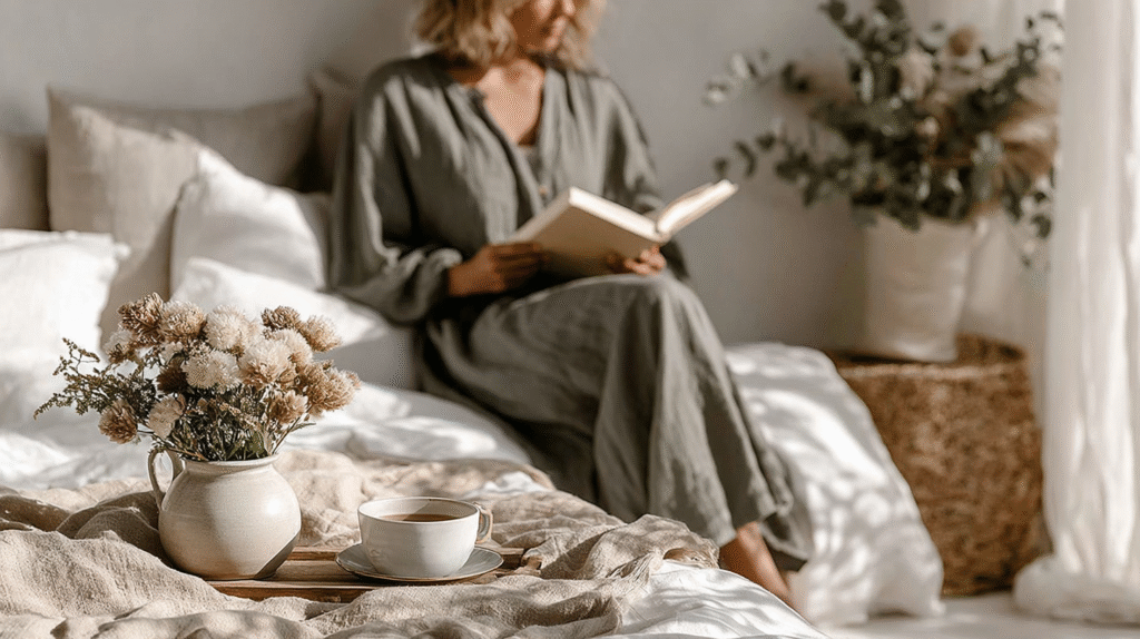 Cozy bedroom scene: woman reading on bed, with flowers and cup of tea on a tray in soft natural light.