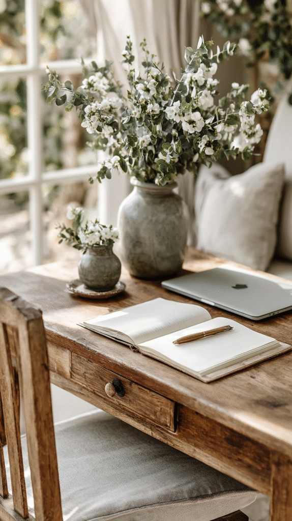 slow-mornign-routine-desk Rustic desk with notebook, pen, and laptop, adorned by vases of white flowers beside a sunlit window.