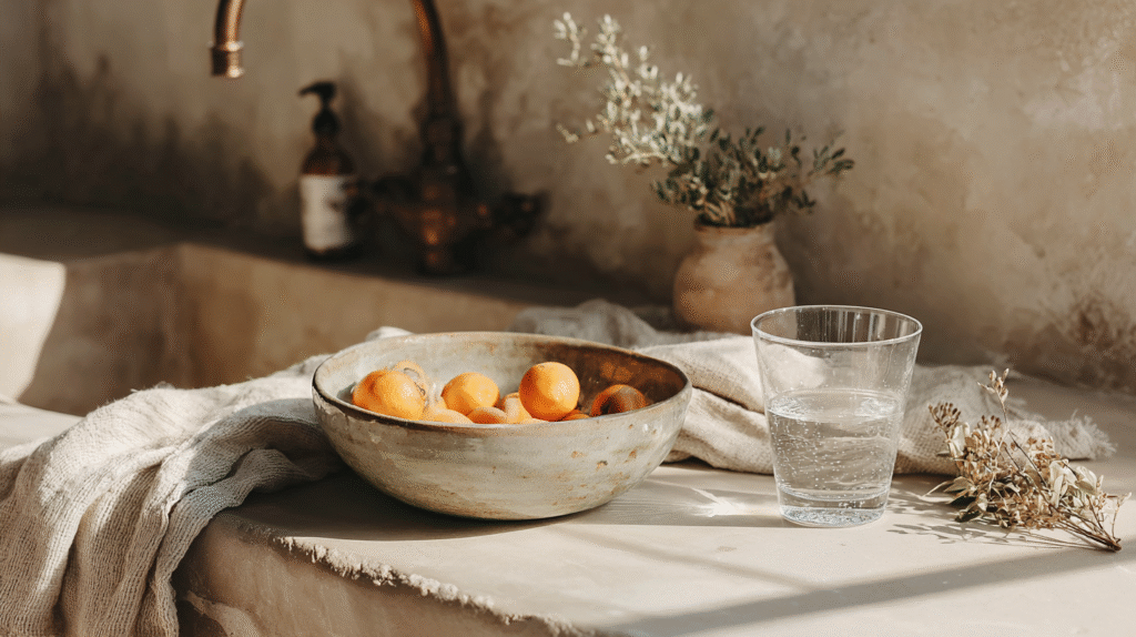 Rustic kitchen scene: bowl of oranges, glass of water, and plants on stone counter in soft, natural lighting.