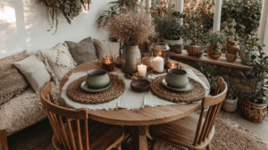 Cozy rustic dining nook with candles, plants, and woven decor on a round wooden table set for two.