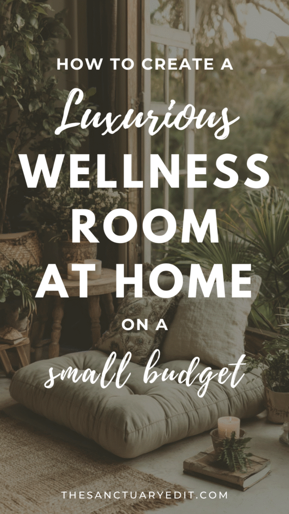 wellness-room-at-home-budget3 Luxurious home wellness room with cushions, plants, and candles for relaxation on a budget.