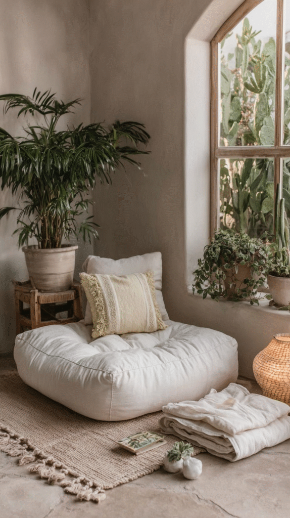 wellness-room-budget-floor-pillow Cozy nook with white cushion, tropical plants, and soft lighting for a serene, natural vibe.