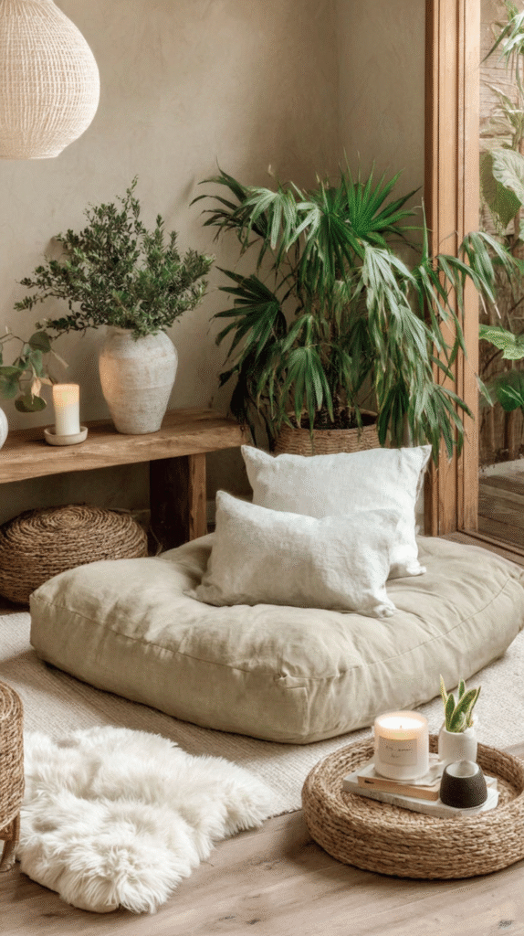 wellness-room-budget-pillow Cozy corner with beige floor cushion, plants, wicker accents, and lit candle for a serene, natural ambiance.