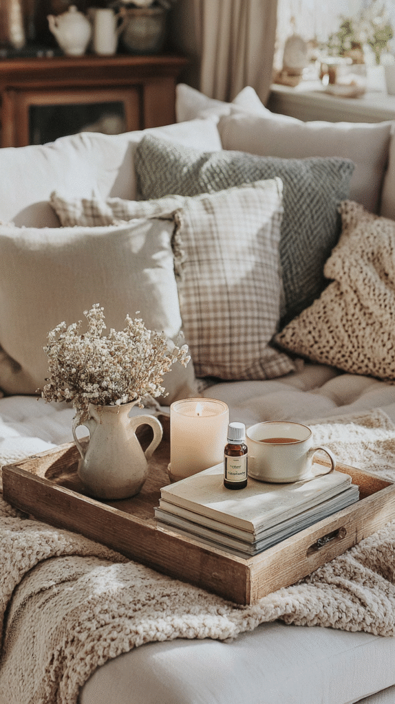wellness-room-budget-tray Cozy living room nook with soft pillows, a wooden tray holding flowers, a lit candle, books, tea, and essential oils.