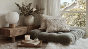 Cozy living space with cushions, soft lighting, and greenery near a window. Relaxing and inviting interior design.