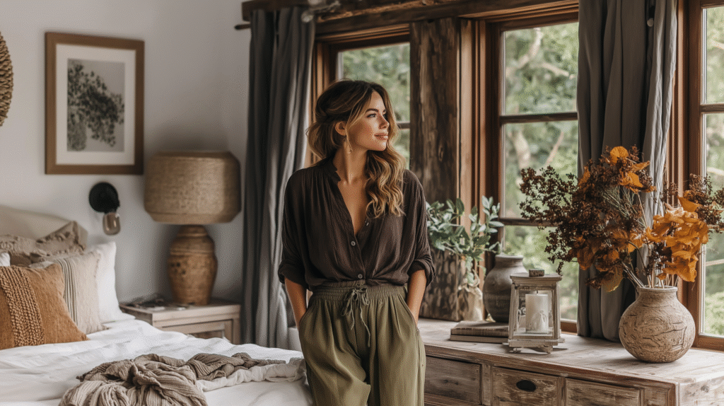 Woman gazing outside rustic bedroom window, surrounded by cozy decor and autumn foliage.