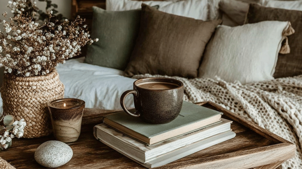 Cozy bedroom setting with coffee mug, books, candle, and flowers on a wooden tray, creating a relaxing ambiance.