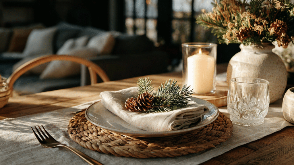 Elegant table setting with pinecone centerpiece and lit candle in cozy dining setting.