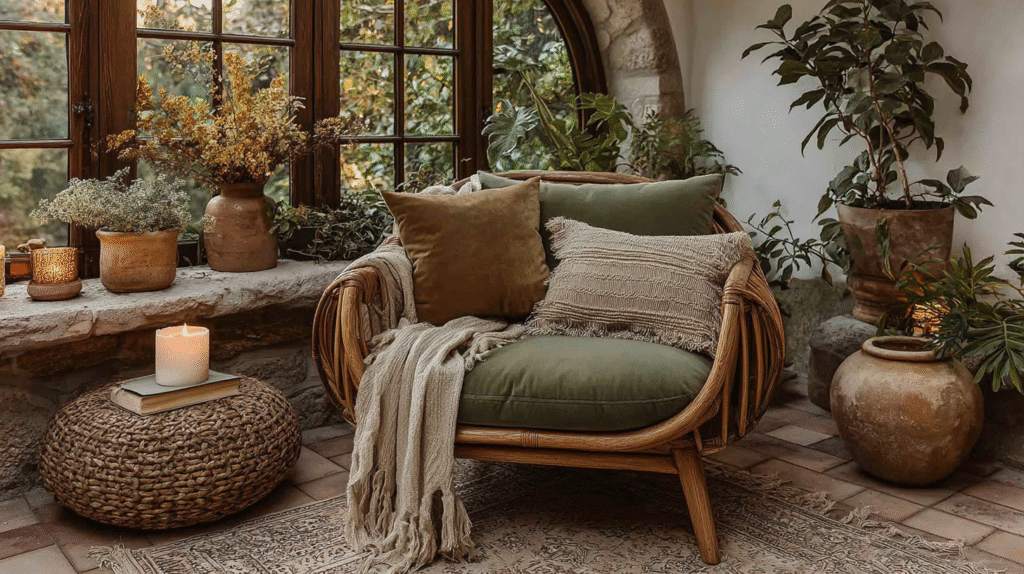 Cozy rattan chair with cushions in a sunlit room, surrounded by plants and candles for a serene, boho vibe.