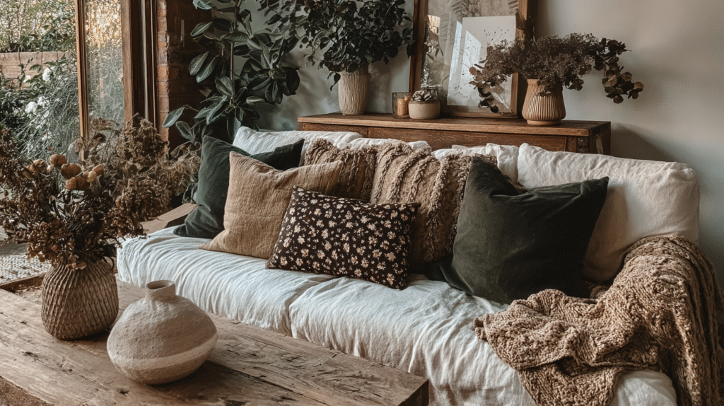 Cozy living room with a white sofa, earthy pillows, a wooden table, and plants. Rustic decor and natural light fill the space.