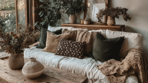 Cozy living room with a white sofa, earthy pillows, a wooden table, and plants. Rustic decor and natural light fill the space.