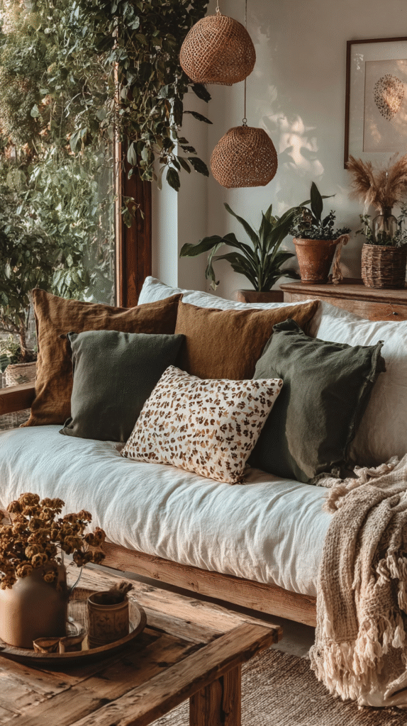 Cozy living room with rustic sofa, earthy cushions, and plants by a window, accented with woven pendant lights.