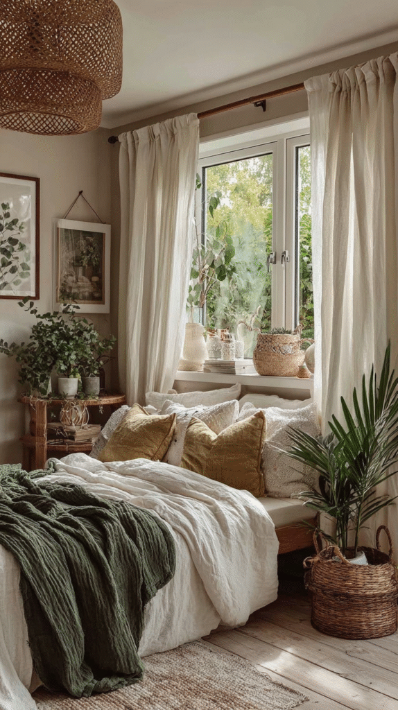 Cozy bedroom with plants, wicker baskets, and natural light streaming through large window with sheer curtains.