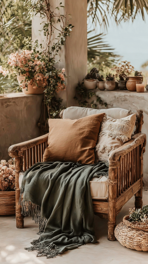 Cozy outdoor chair with pillows and blanket surrounded by potted plants on a rustic patio.