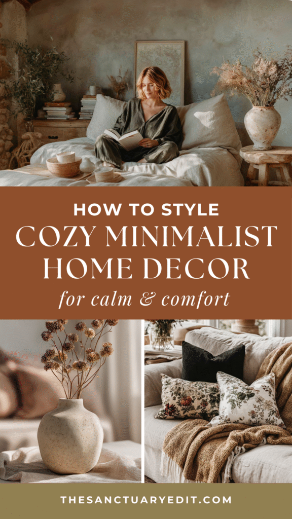 Cozy minimalist home decor inspiration for calm and comfort with earthy tones and natural textures.