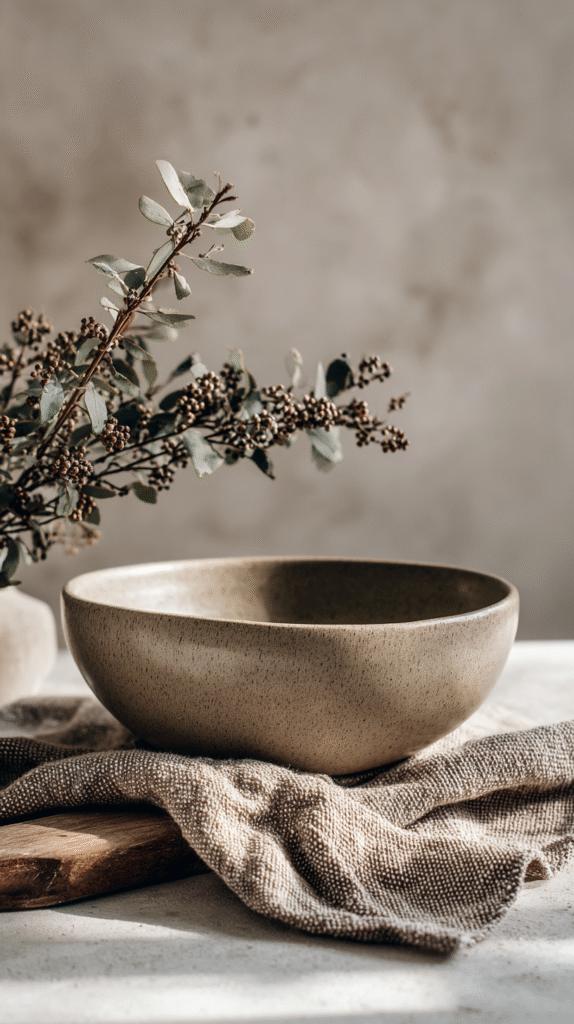 Neutral-toned ceramic bowl with foliage, placed on rustic cloth; minimalist home decor style.