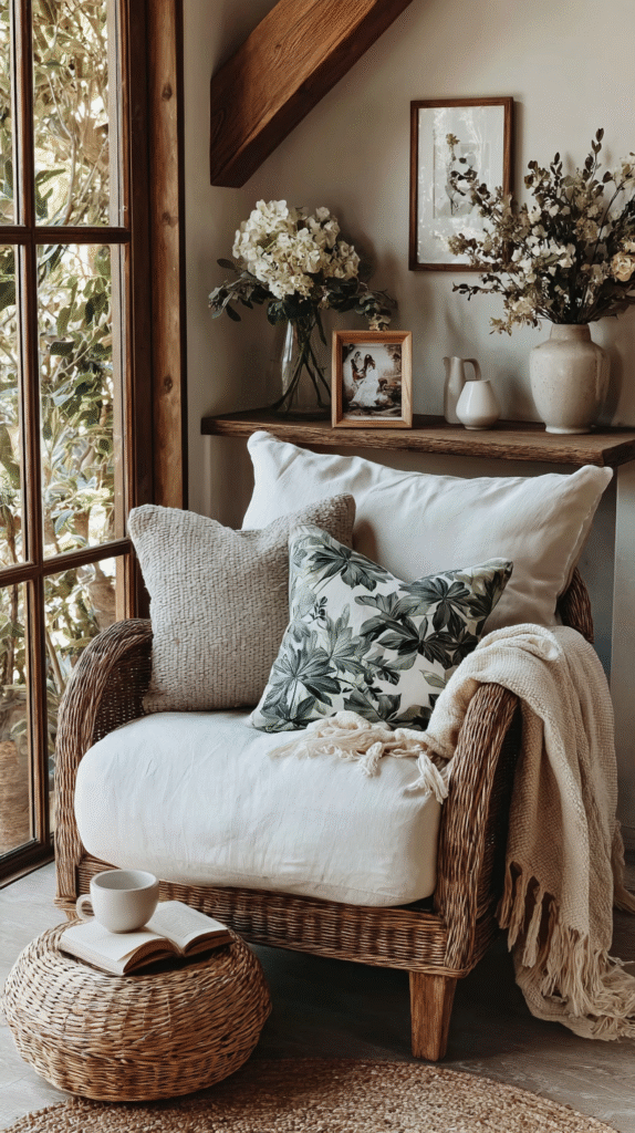 Cozy wicker chair with pillows, throw, and coffee by a bright window, surrounded by flowers and decor in a serene room.