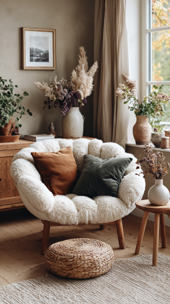 Cozy living room with fluffy armchair, accented pillows, and potted plants near a sunlit window in neutral tones.