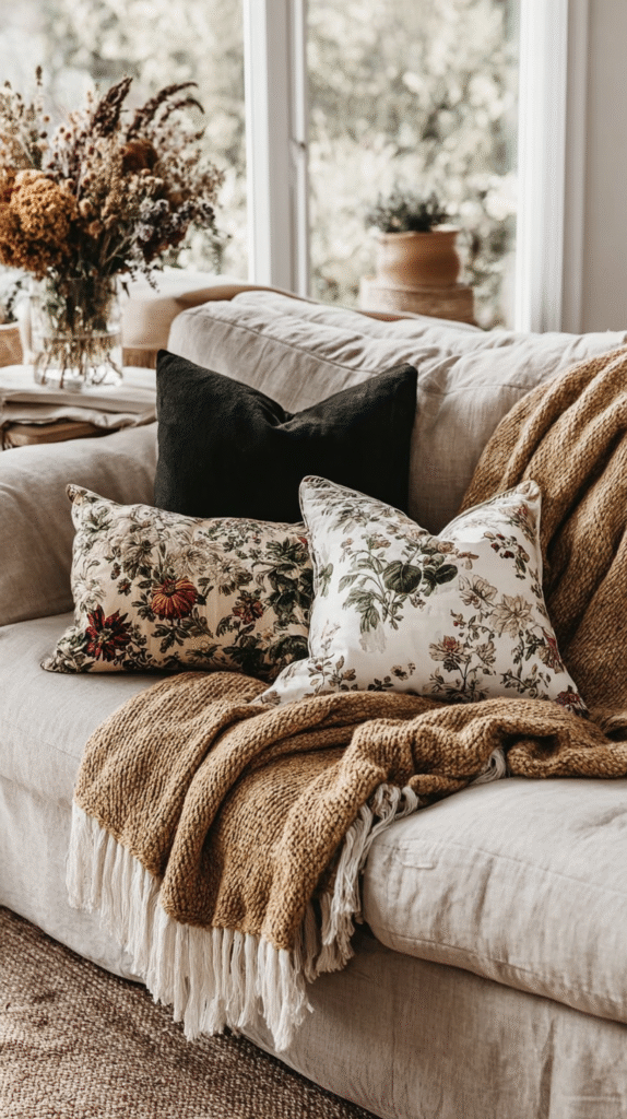 Cozy living room with floral cushions and a brown knit throw on a beige sofa. Dried flowers on side table.
