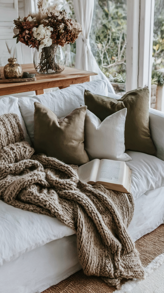 Cozy white sofa with green pillows, open book, and knitted blanket next to window and vase of dried flowers.