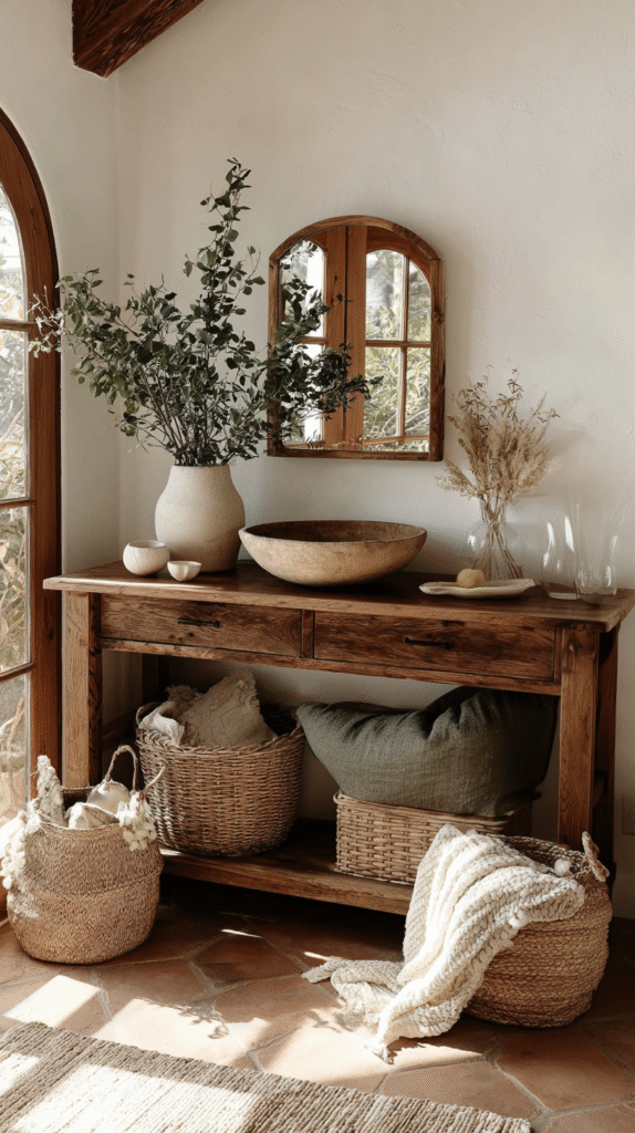 Rustic wooden console table with decorative vases, baskets, and dried flowers in a cozy, sunlit room.