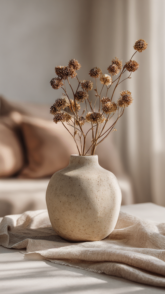 Neutral-toned ceramic vase with dried flowers on a soft beige fabric, evoking a minimalist and cozy ambiance.