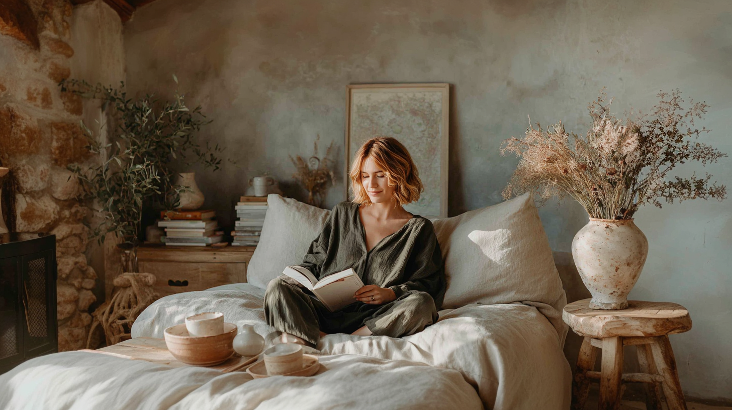 Woman reading a book in a cozy, rustic bedroom with neutral decor and dried plants, basking in natural light.