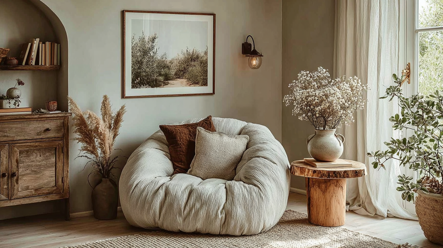 Cozy living room with plush chair, rustic decor, wooden side table, and potted plants by a sunlit window.
