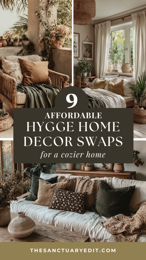 Cozy hygge living space with pillows, plants, and natural textures for affordable home decor inspiration.