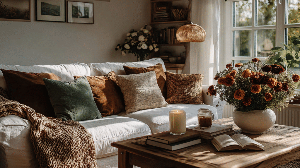 Cozy living room with a white sofa, decorative pillows, autumn flowers, and a candlelit wooden coffee table.