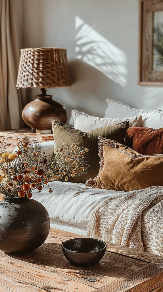 Cozy living room with textured pillows, rustic vase, and lamp on wooden furniture, bathed in natural sunlight.