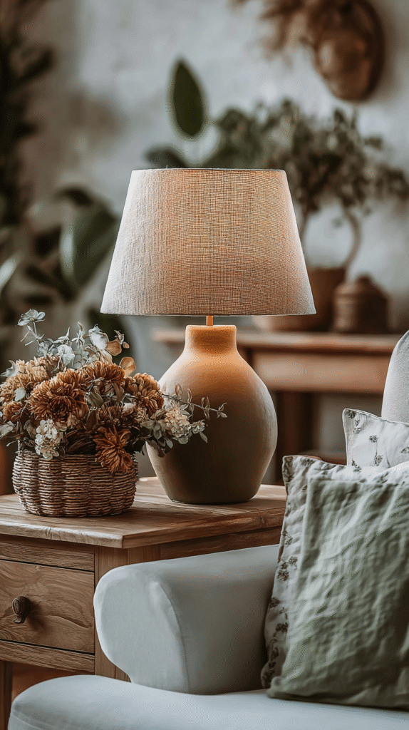 Cozy room with a table lamp and floral arrangement on a wooden table, enhancing a serene, rustic atmosphere.