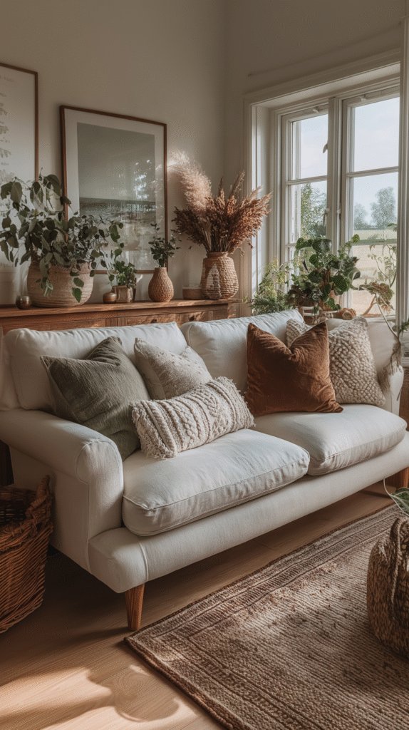 Cozy living room with white sofa, textured cushions, wooden accents, and plants by a sunlit window.