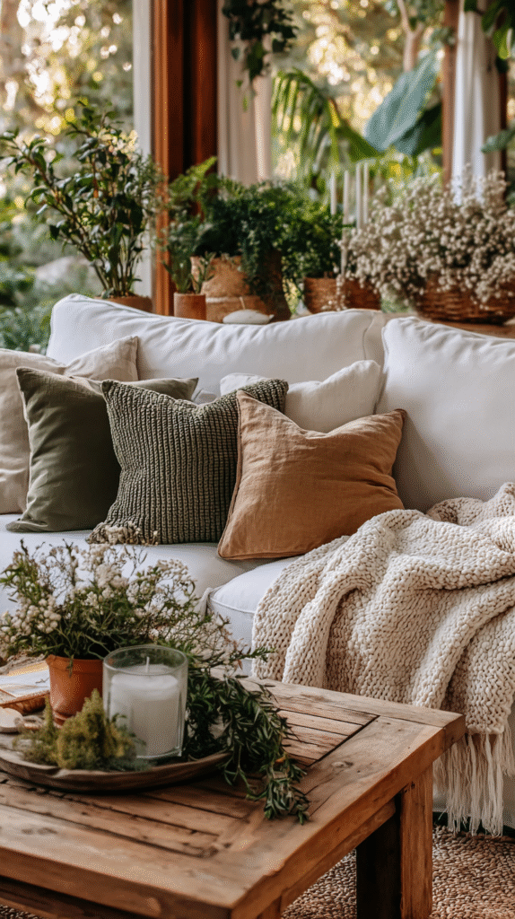 Cozy living room with a white sofa, green and beige pillows, throw, wooden table, plants, and candle decor.