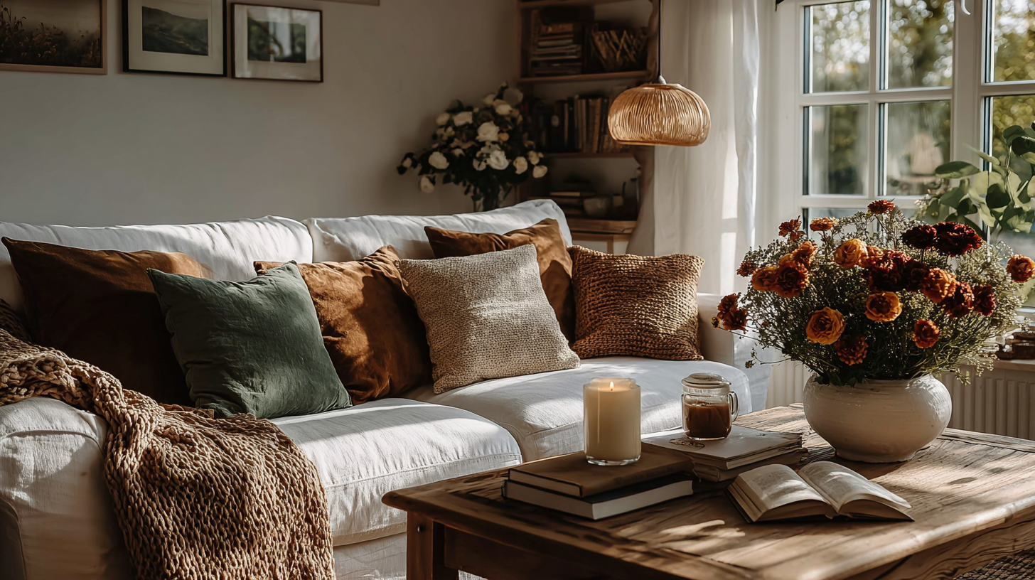 Cozy living room with a white sofa, decorative pillows, autumn flowers, and a candlelit wooden coffee table.